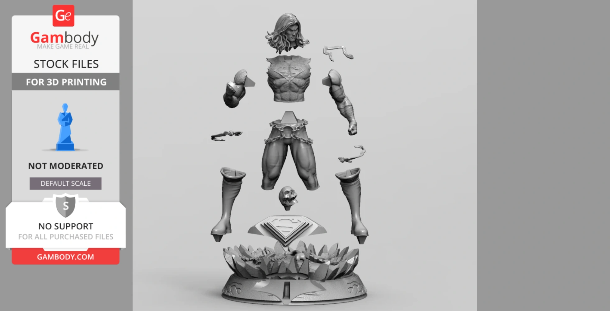 A disassembled 3D model of a muscular superhero with long hair, cape, and a base with sharp elements.