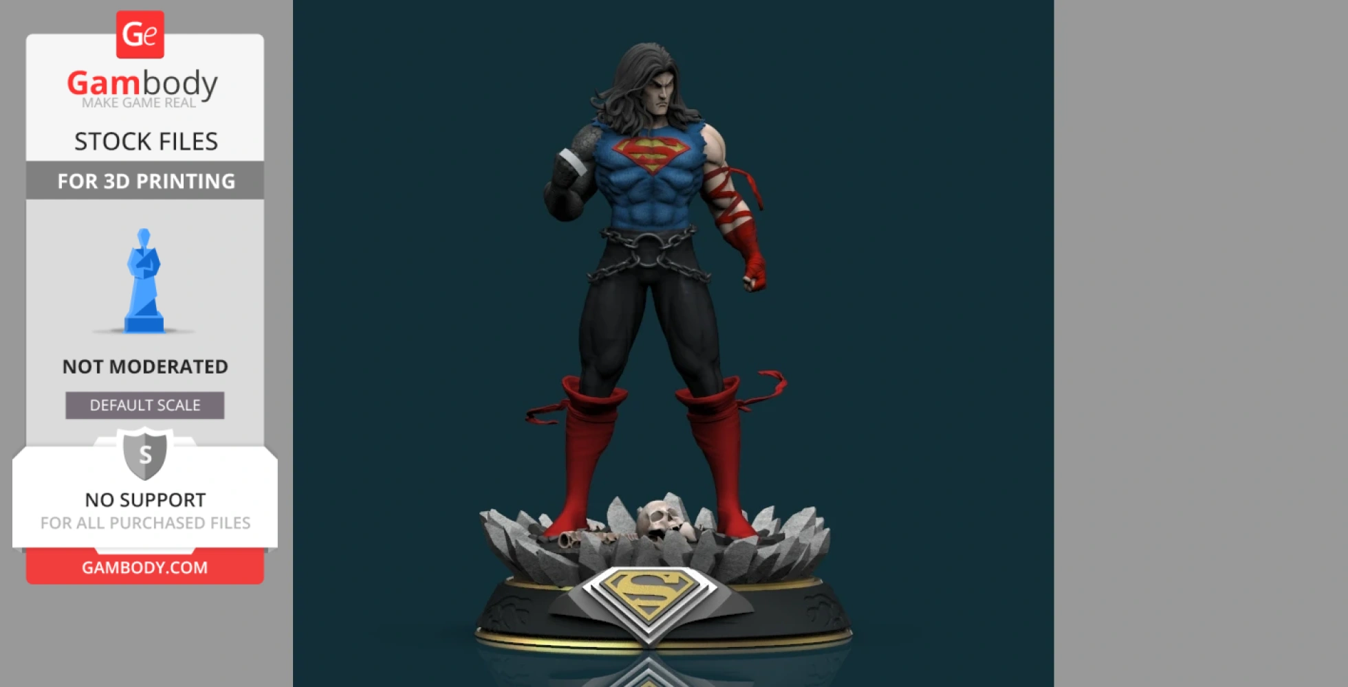 A rugged Superman in a blue and red outfit stands on a jagged, skull-adorned base.
