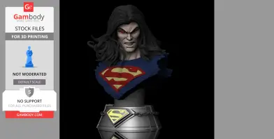 A fierce, red-eyed figure with long hair, wearing a tattered Superman emblem on a blue suit.