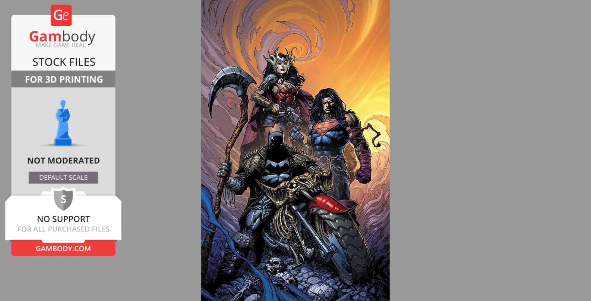 Three armored characters stand on rocky terrain; one with a scythe, one in a bat suit on a motorcycle.