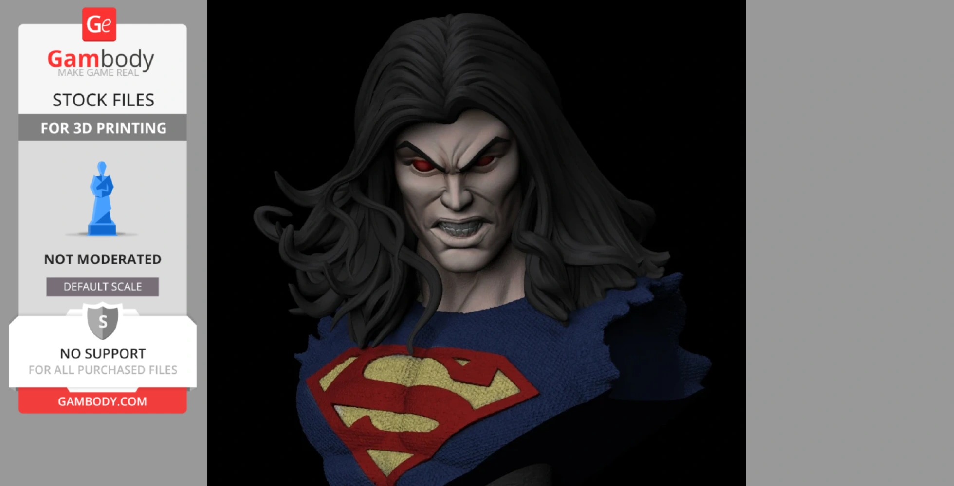 A 3D model of a fierce character with long hair, red eyes, and a blue suit with a yellow-red emblem.