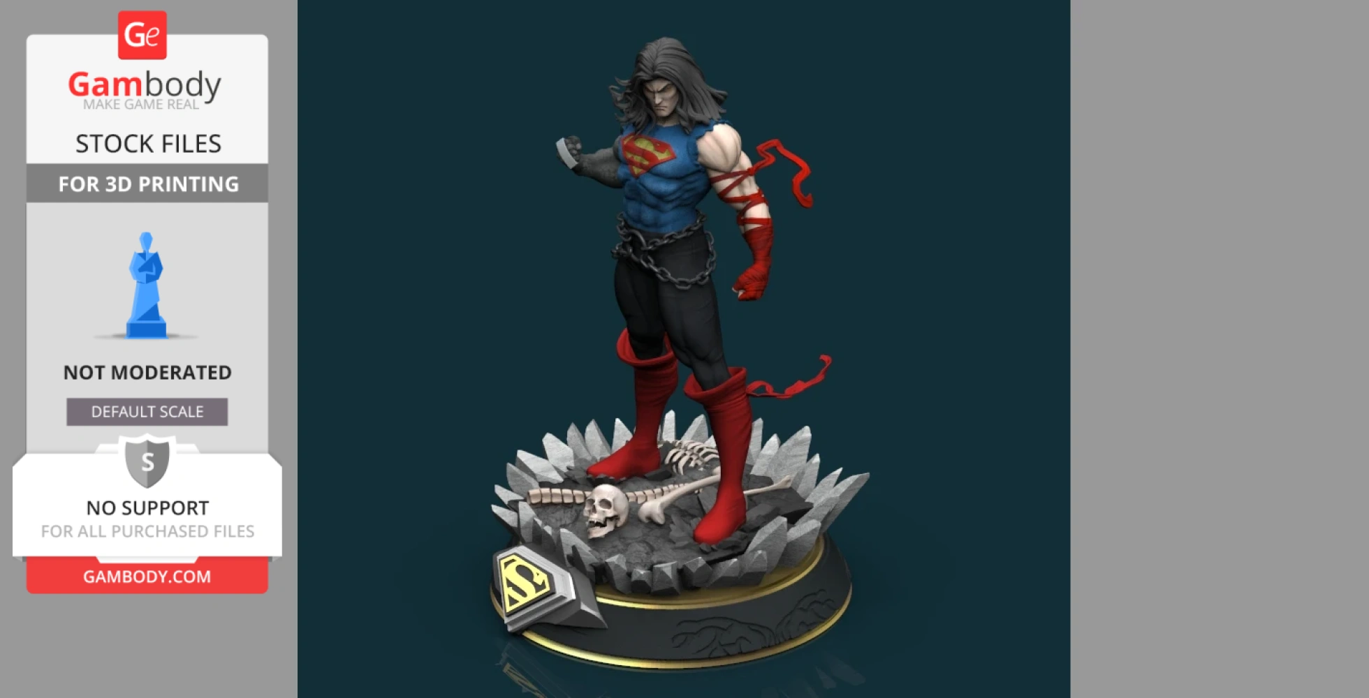 Heroic figure with long hair, ripped outfit, standing on a spiked base with skeletal remains.