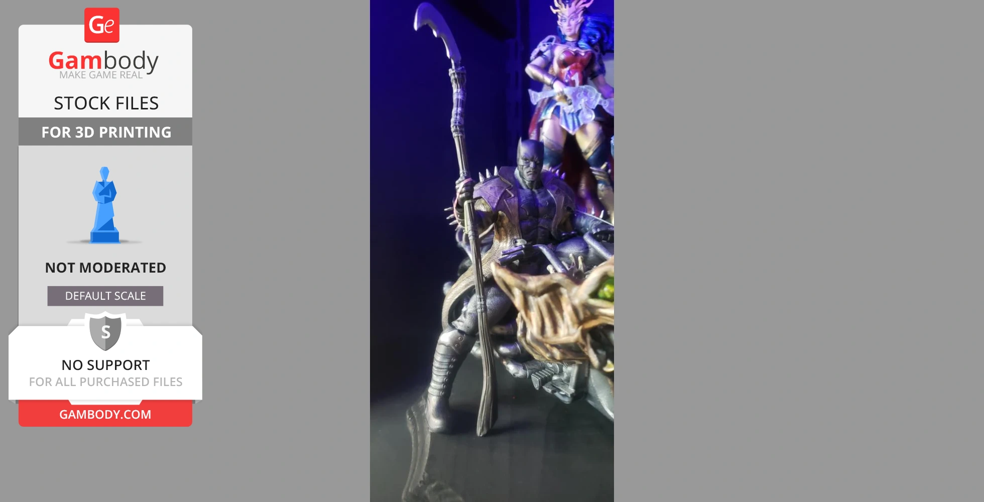 A dynamic 3D model featuring armored figures wielding weapons, set in a detailed, dramatic pose.