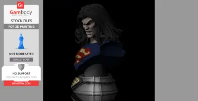 Bust of a fierce character with long hair, emblem on chest, on a detailed base with chains.