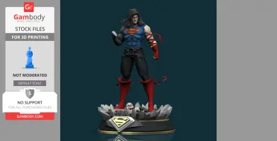 A detailed 3D model of a muscular superhero, long hair, in blue and red, standing on a jagged base.