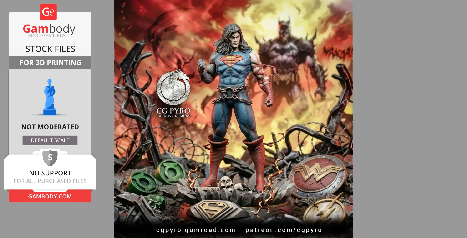 Superhero in chains, standing on a base with various logos, fiery sky background, menacing figure behind.