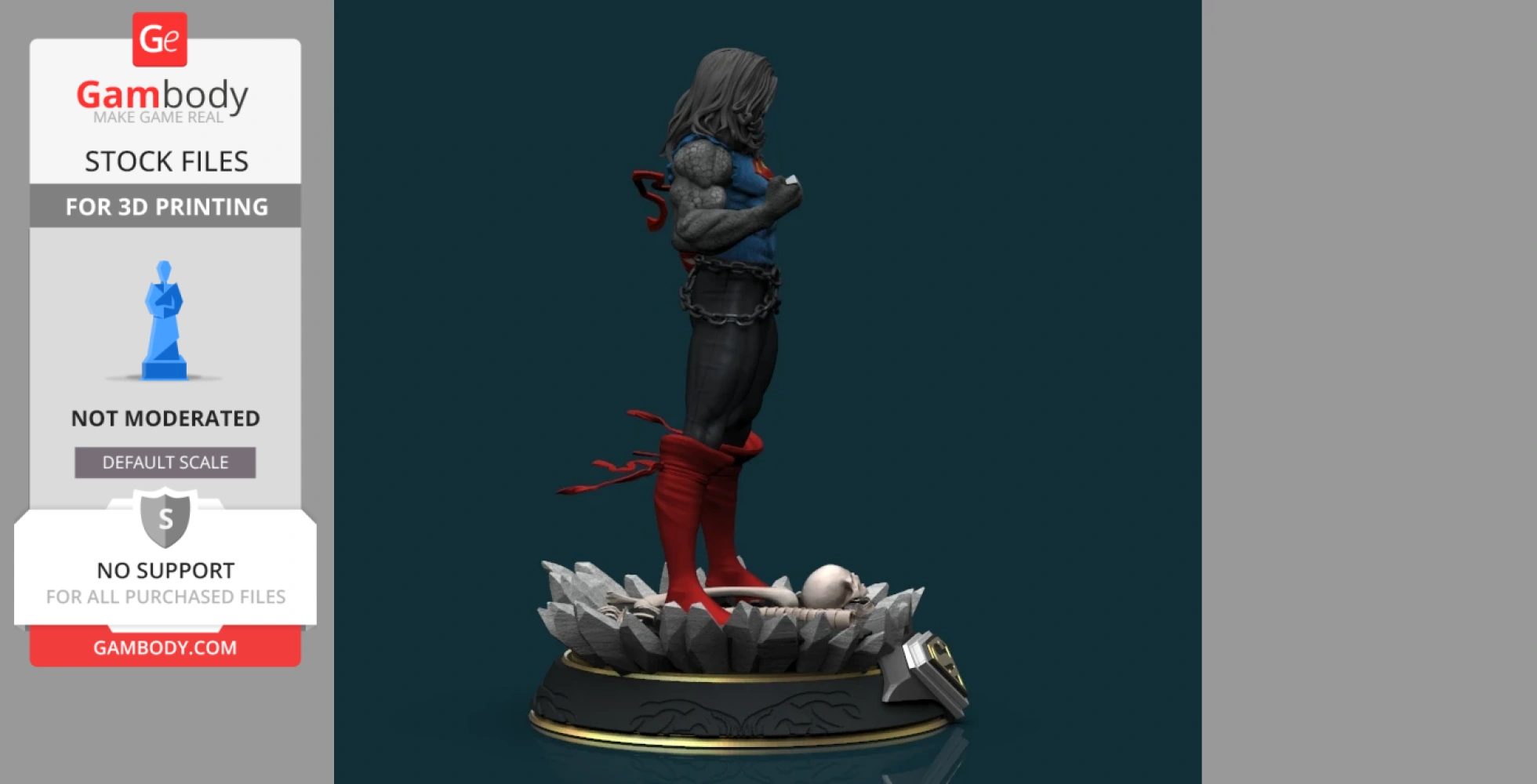 A muscular figure with long hair in a blue top, red boots, and chains, stands on a rocky base with a skull.