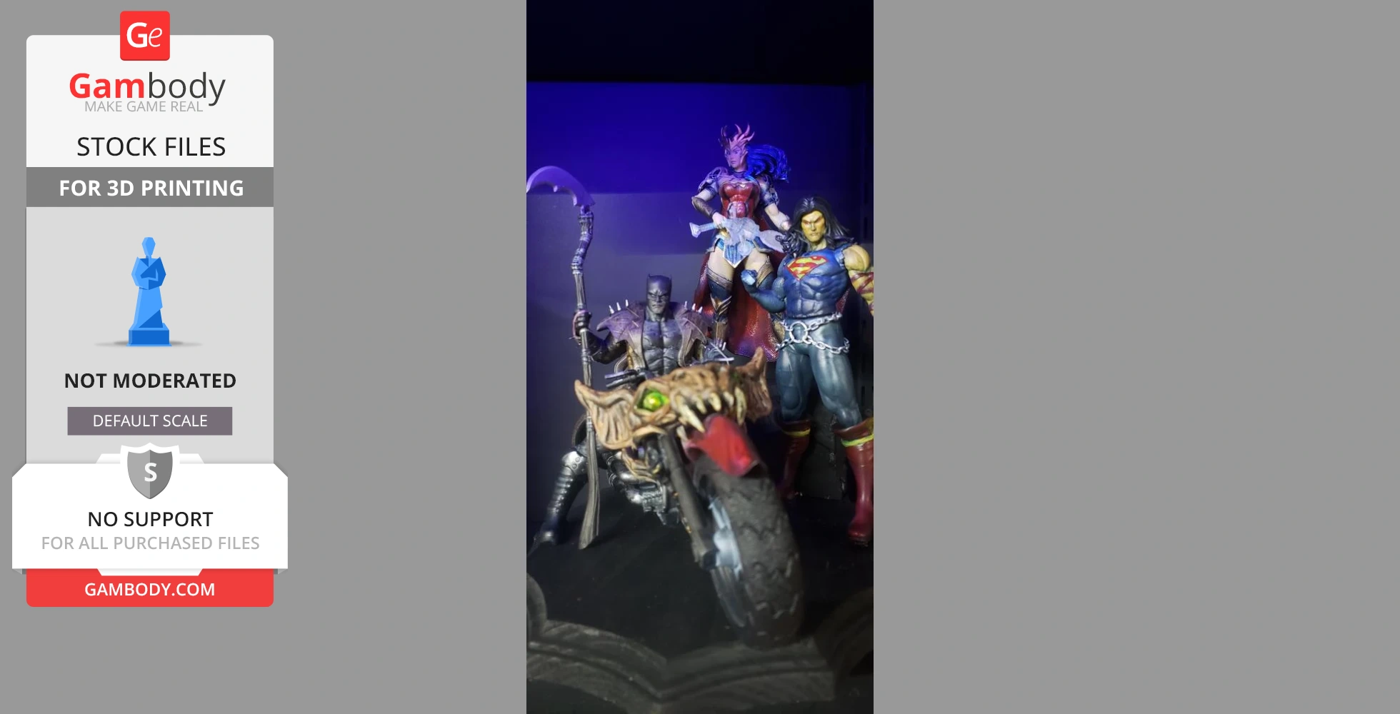 A 3D model featuring multiple characters in elaborate costumes, with one on a monster-themed motorcycle.