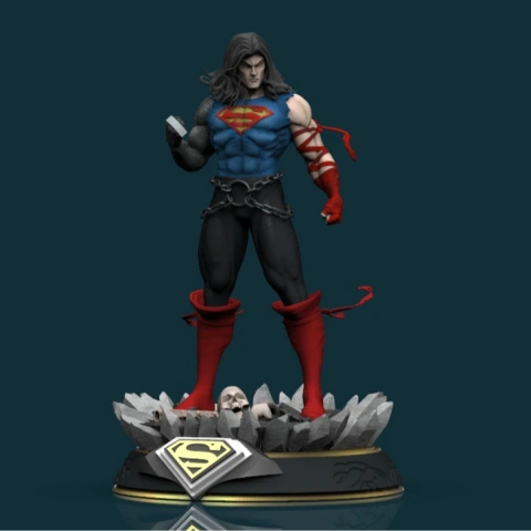 Superman in Death Metal style, long hair, stands on a rocky base with skull.