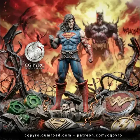 Superman in Death Metal style, long hair, stands on a rocky base with skull.