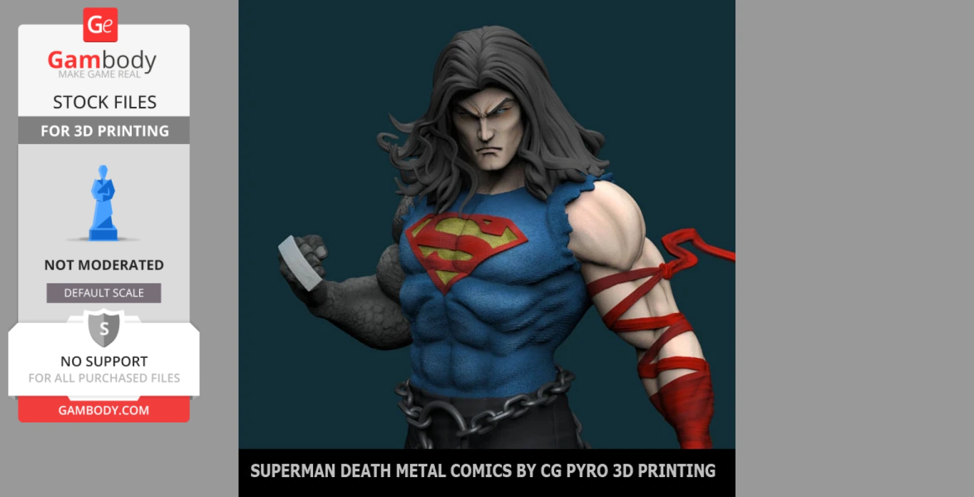 A muscular figure with long hair, wearing a blue suit with a red 'S' emblem, and wrapped in chains.