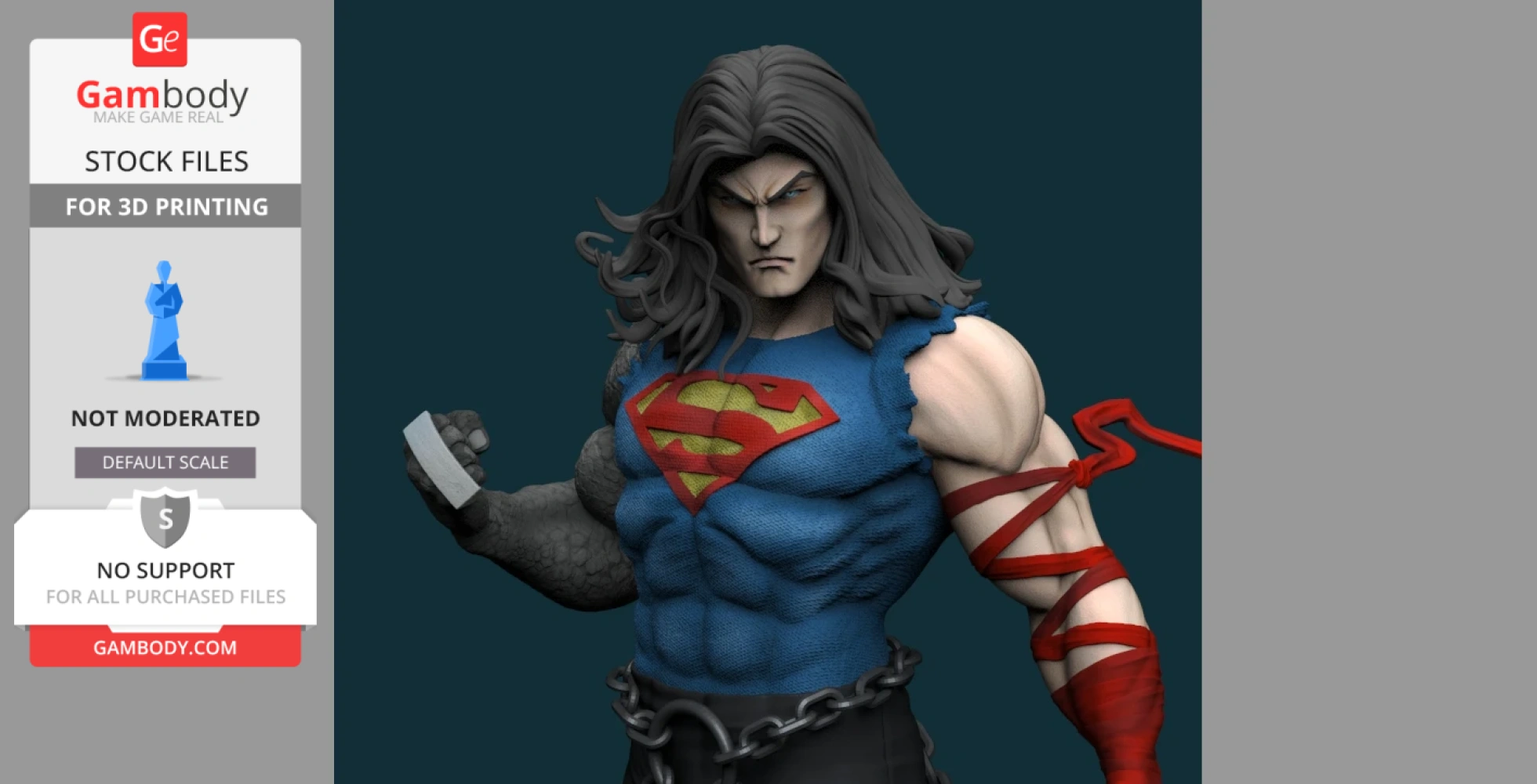 Long-haired figurine wearing a tattered superhero costume with a chest emblem and holding a chain.