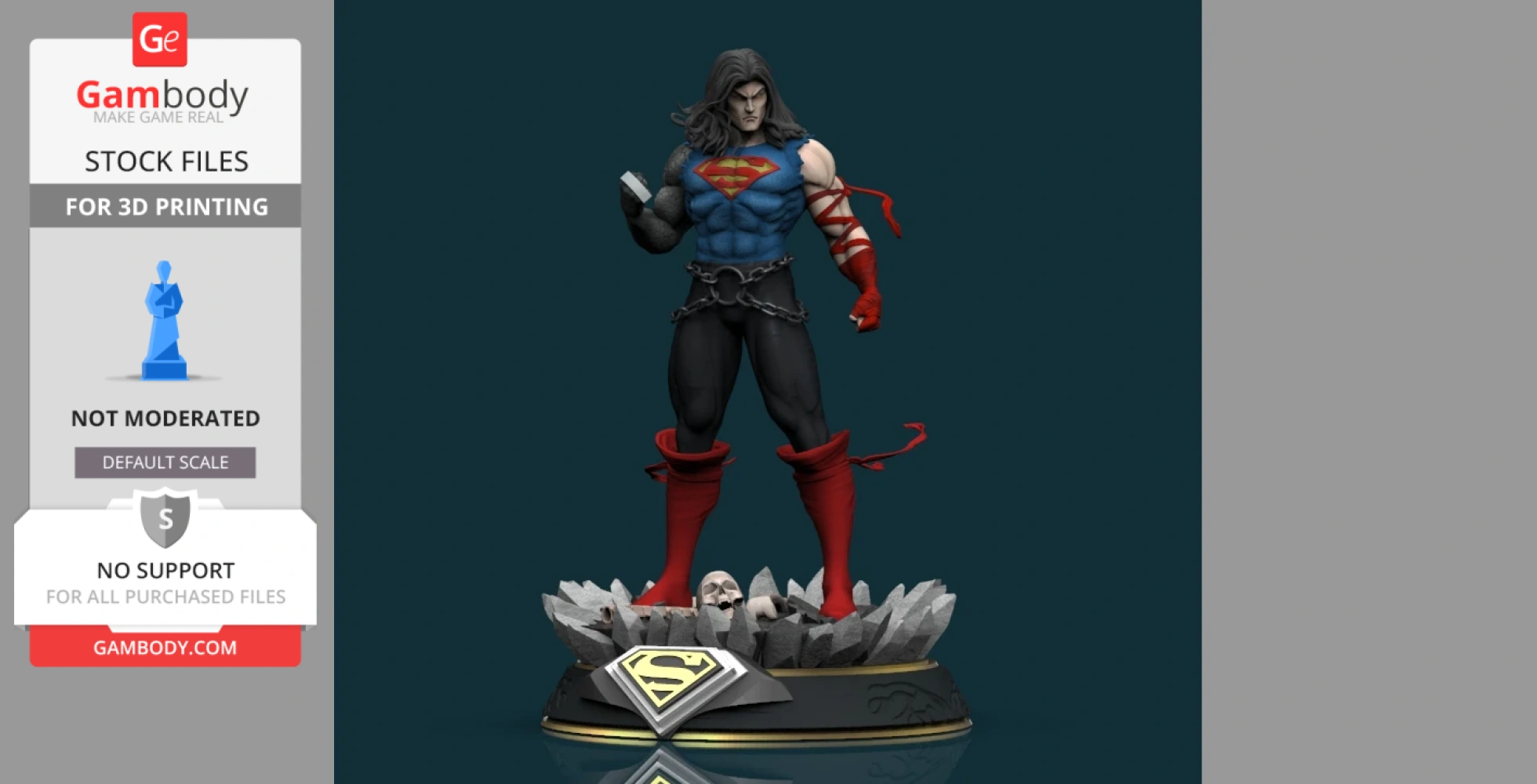 A detailed 3D model of a muscular superhero, long hair, in blue and red, standing on a jagged base.