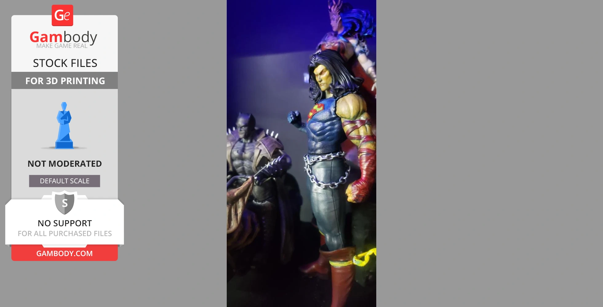 A detailed 3D model of a muscular character in chains, wearing a cape and boots, stands heroically.