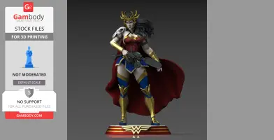 A detailed 3D model of a warrior woman with a crown, red cape, and gold armor, holding a large weapon.