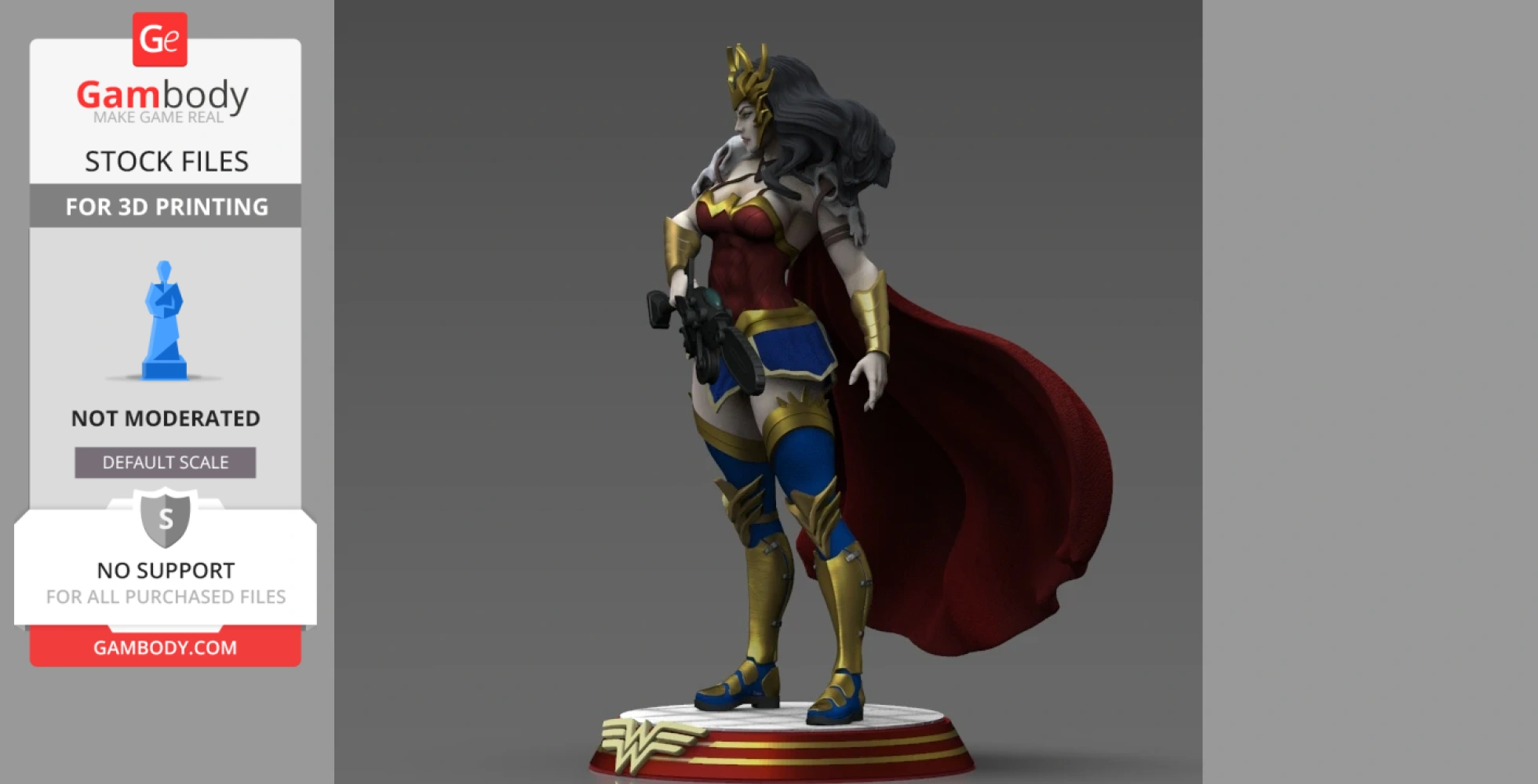 A detailed 3D model of Wonder Woman in a dynamic pose, wearing armor with red cape, on a decorative base.