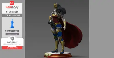 A detailed 3D model of Wonder Woman in a dynamic pose, wearing armor with red cape, on a decorative base.