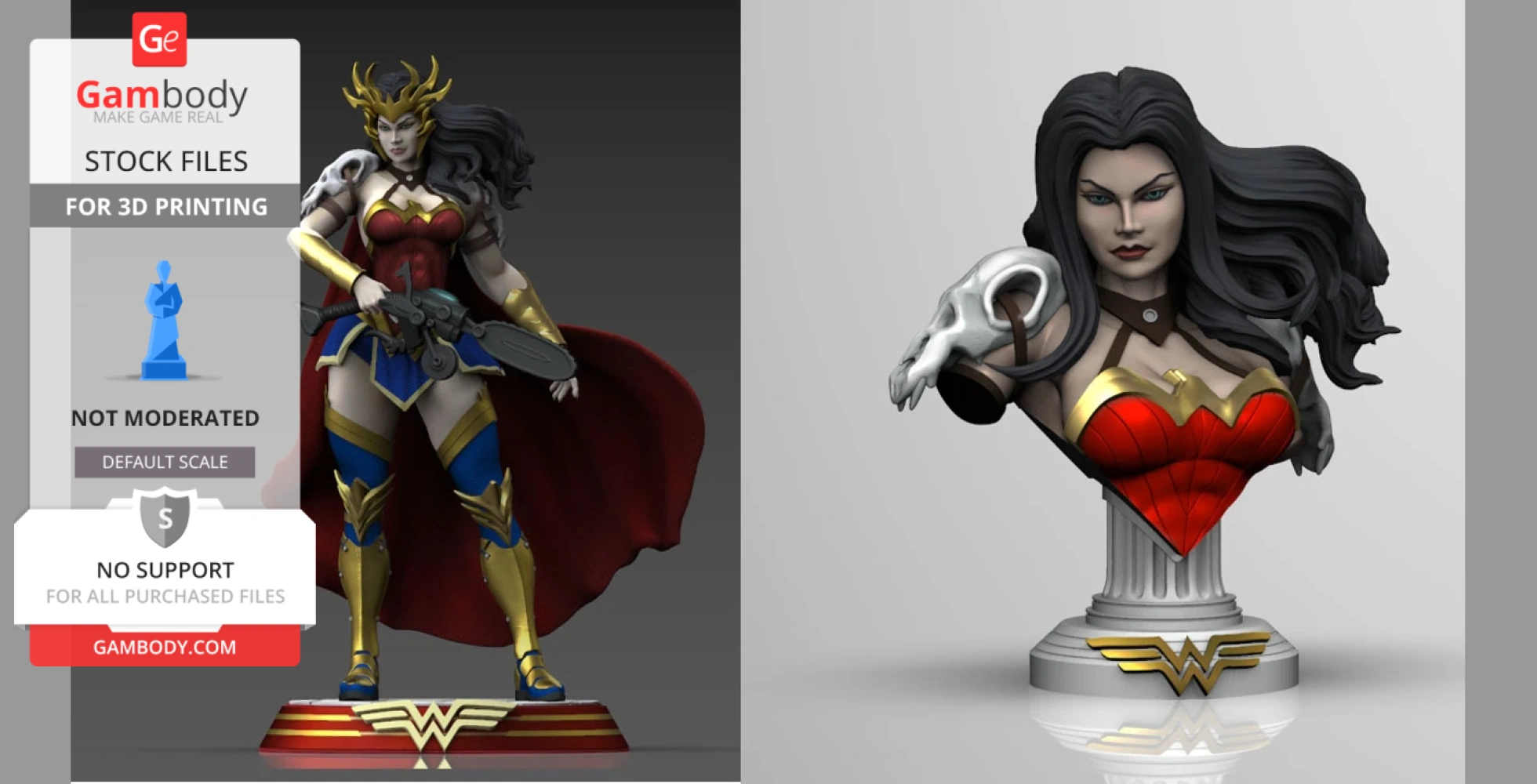 A detailed 3D model of a warrior woman in armor, with a red cape and a crown, and a bust with long hair.
