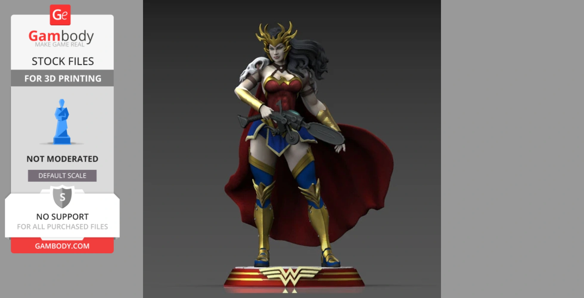 A detailed 3D model of a warrior woman with a crown, red cape, and gold armor, holding a large weapon.