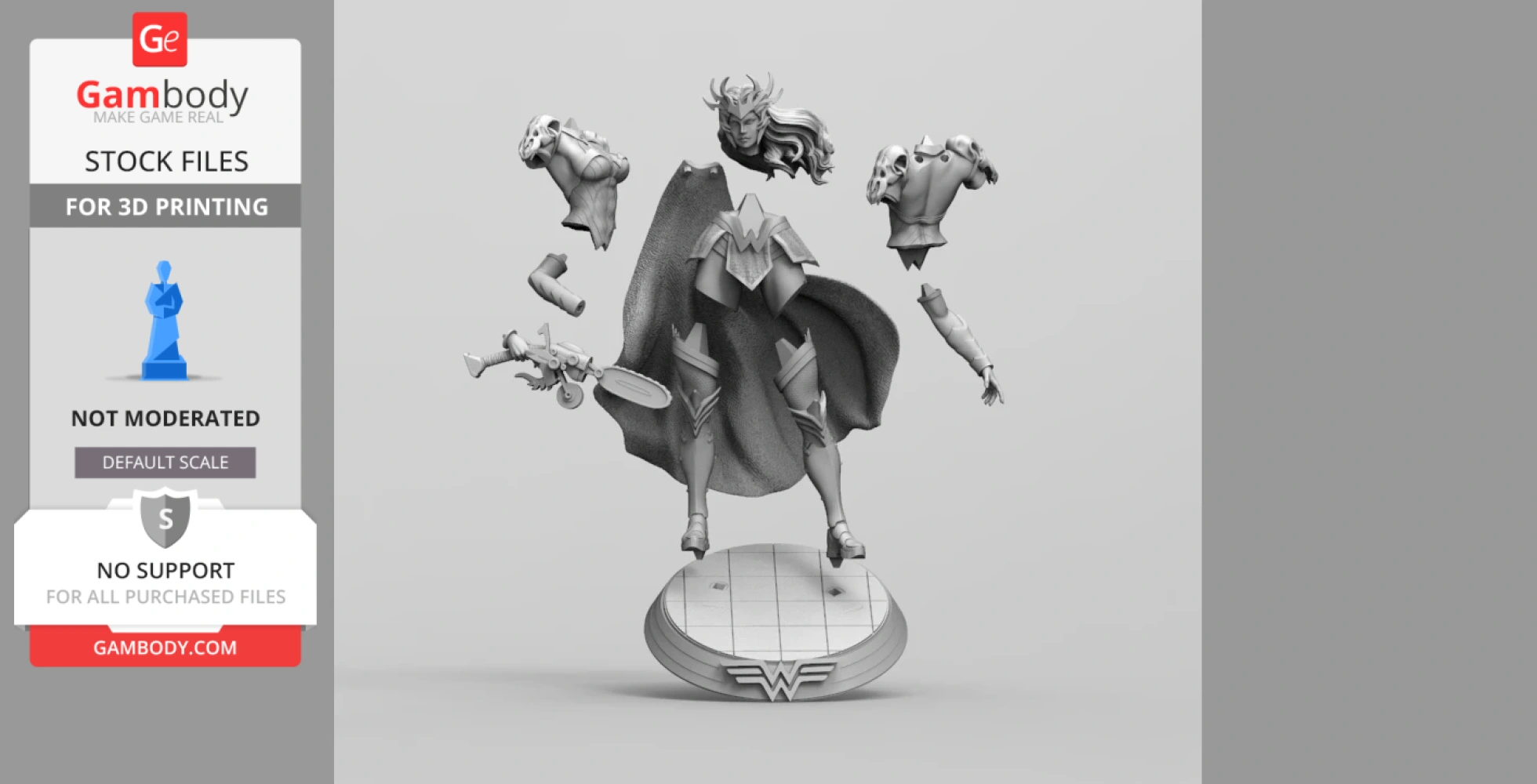 Assembled 3D model of a warrior woman with armor, cape, and sword on a decorative base.