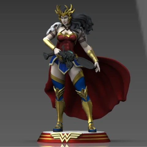 Wonder Woman in armor, holding a sword, with a red cape and golden crown, on a themed base.