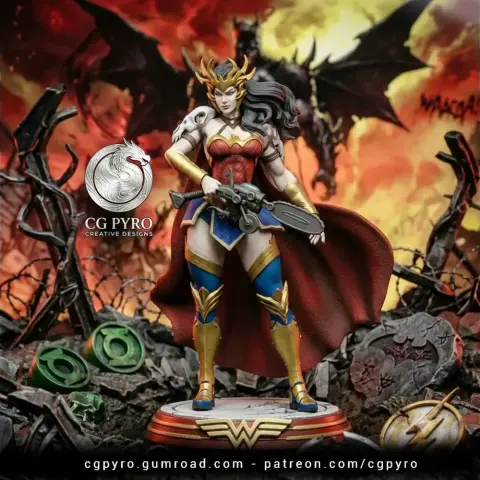 Wonder Woman in armor, holding a sword, with a red cape and golden crown, on a themed base.