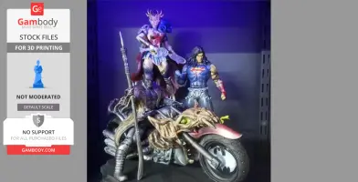 Fantasy figures with armor and a dragon-themed motorcycle displayed on a shelf.