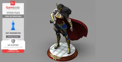 A 3D model of a warrior woman with armor, a crown, red cape, holding a sword, standing on a decorated base.