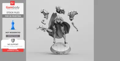 Assembled 3D model of a warrior woman with armor, cape, and sword on a decorative base.