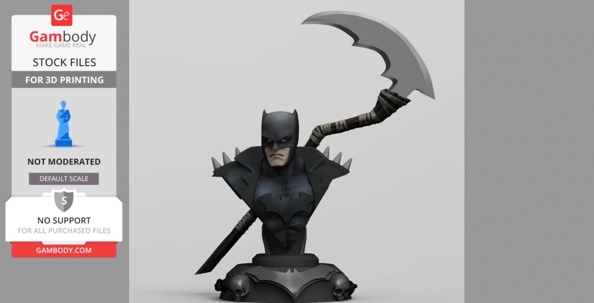 Batman bust in dark armor with spikes, holding a large scythe, on a base with skulls.