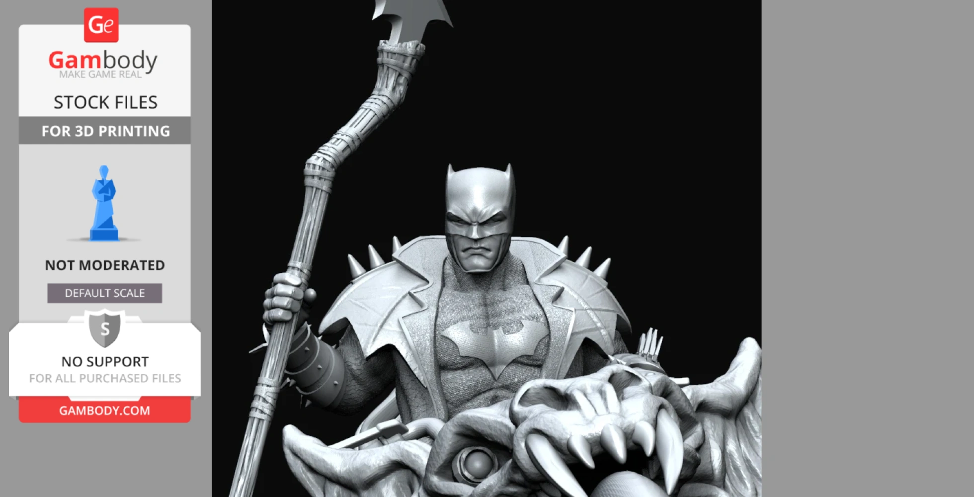 Batman in spiked armor holding a scythe, standing on a monster-like figure, from Death Metal comics.