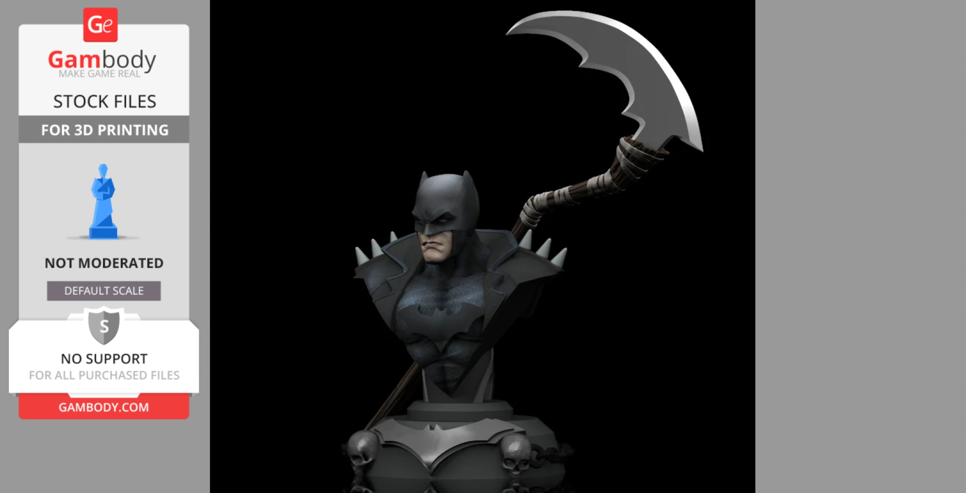 Batman bust from Death Metal comics with spiked shoulder armor, holding a large scythe.