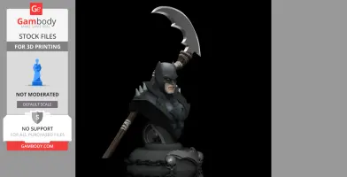A 3D bust of a masked superhero with a large scythe, spiked armor, and skull-adorned base.