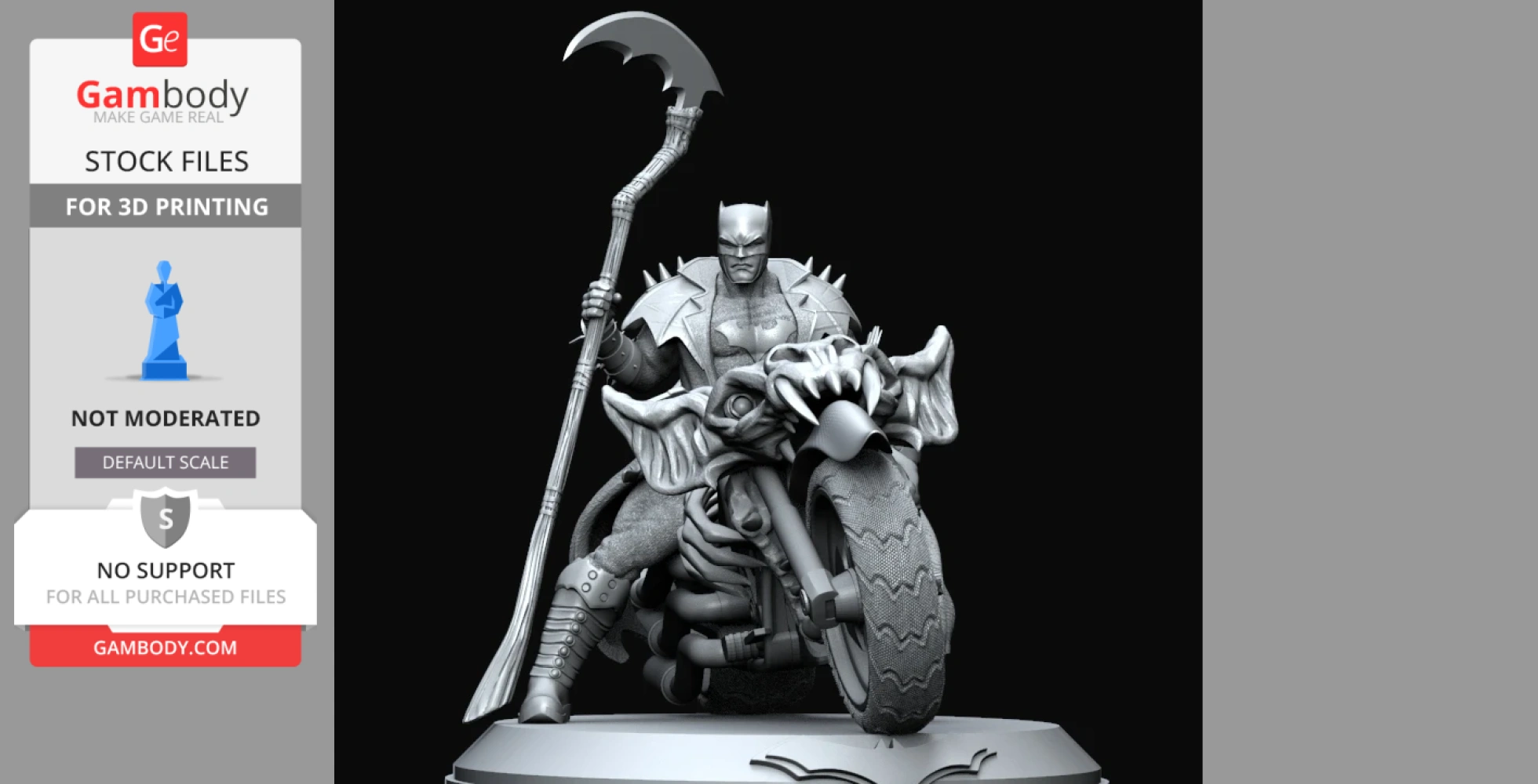 A detailed 3D model of a spiked armored figure holding a scythe, sitting on a dragon-like motorcycle.