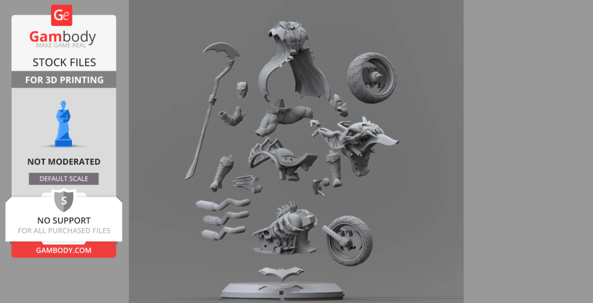 Disassembled 3D model parts of Batman from Death Metal comics, including cape, weapons, and vehicle elements.