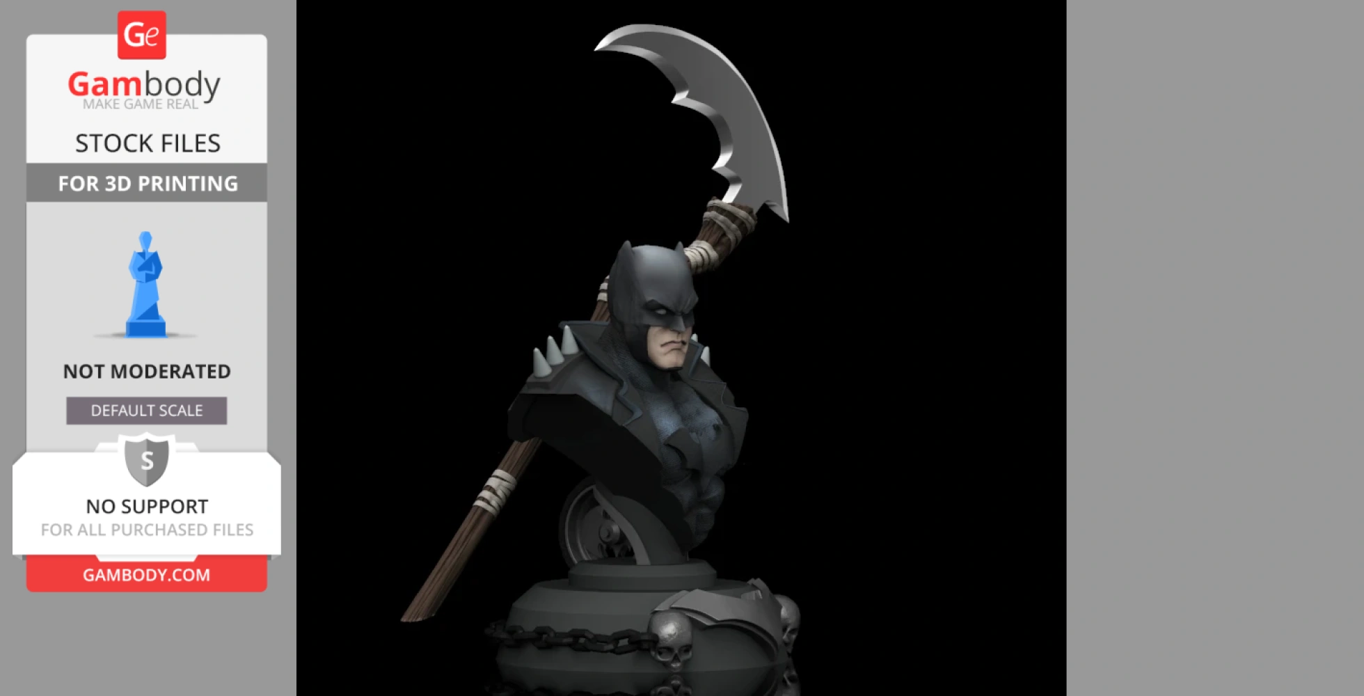 A 3D bust of a masked superhero with a large scythe, spiked armor, and skull-adorned base.