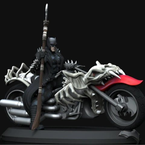 Batman in dark armor on a skeletal motorcycle, holding a spear, from Death Metal comics, ready for 3D printing.