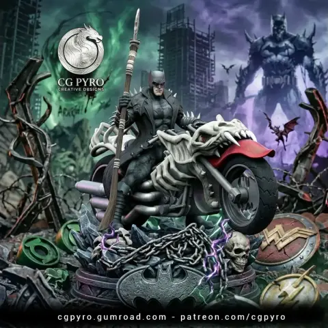 Batman in dark armor on a skeletal motorcycle, holding a spear, from Death Metal comics, ready for 3D printing.