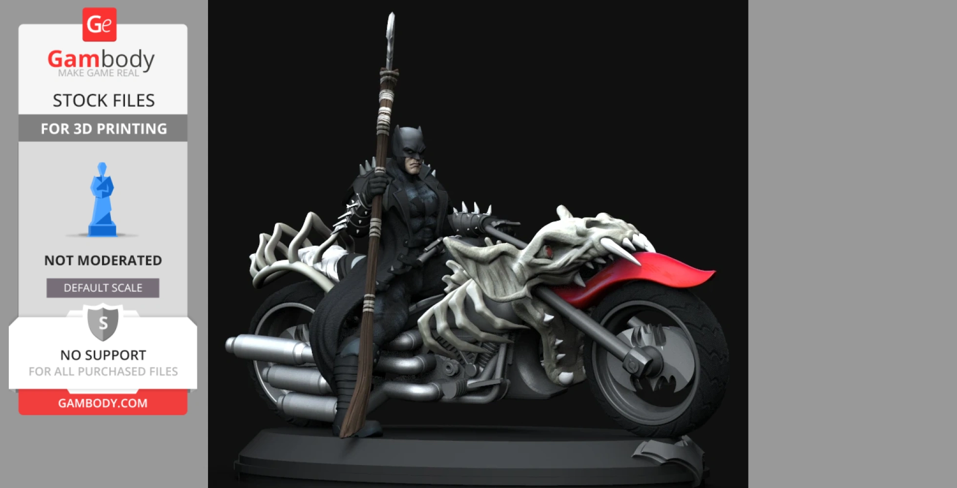 Batman figure from Death Metal comics on a bone-themed motorcycle, holding a spear.