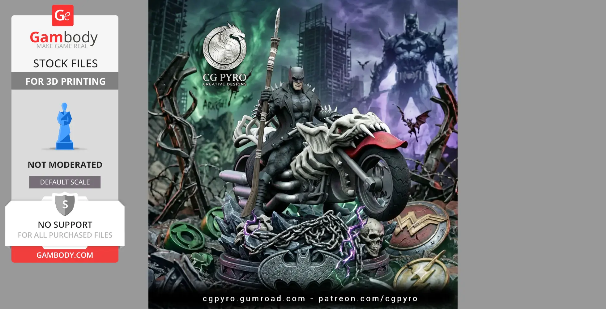 Batman in armor on a skull-themed motorcycle, amidst a dark, apocalyptic setting.