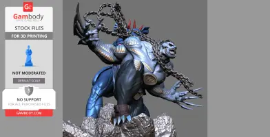 Fierce creature with chains, blue armor, and spikes stands on rocky terrain.