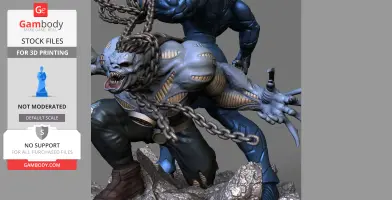 Two muscular creatures in dynamic pose with chains, one snarling with outstretched hand, on rocky base.