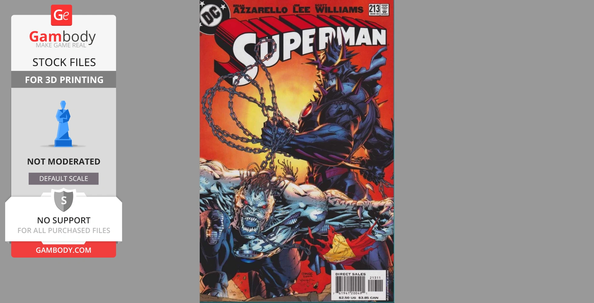 A dark-armored figure holding chains restrains a creature against an orange backdrop.