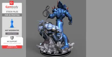 Armored figure with spikes restrains a chained creature on a rocky base. 3D model for printing.