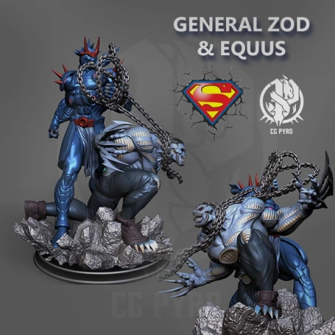 Two detailed creature models with armor and chains, posed on rocky bases.
