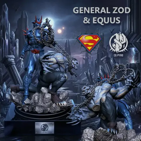 Two detailed creature models with armor and chains, posed on rocky bases.