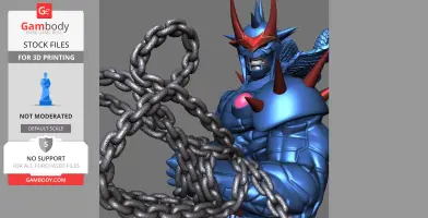 Armored character with red spikes, holding large metal chains, in a futuristic design.