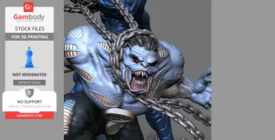 A menacing blue creature with chains, sharp teeth, and red eyes, poised in an aggressive stance.