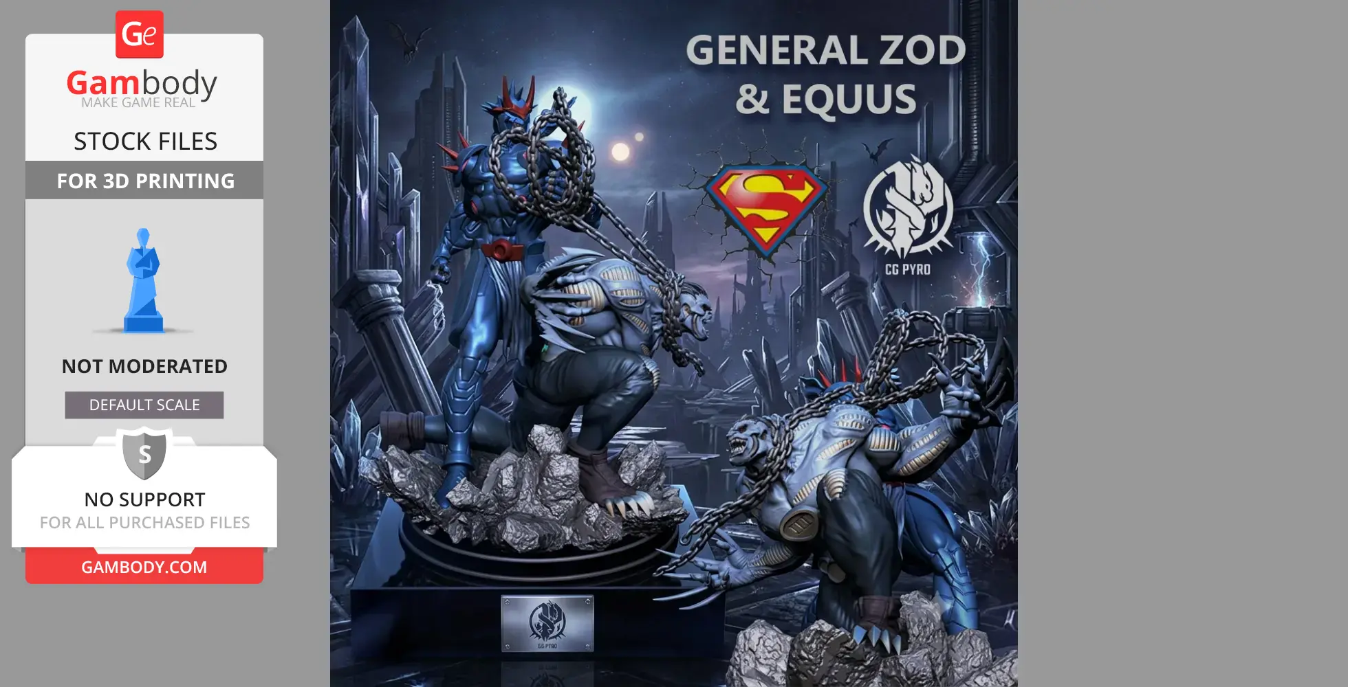 3D models of armored General Zod and beastly Equus in a rocky, futuristic setting, ready for 3D printing.