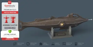 A detailed 3D model of the Nautilus submarine on a stand, ready for 3D printing, features a steampunk design.